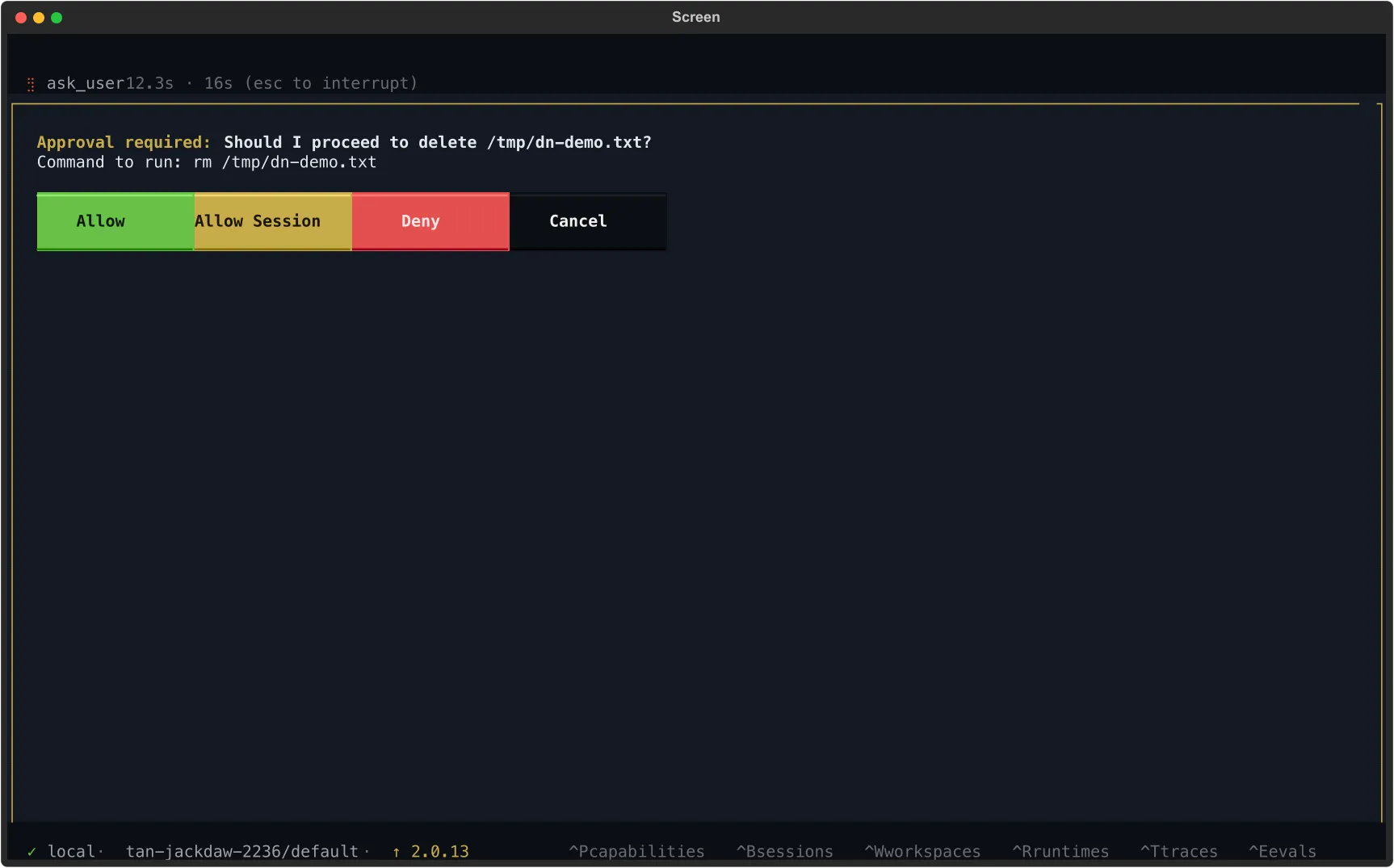 Permission prompt above the composer with Allow, Allow Session, and Deny buttons.